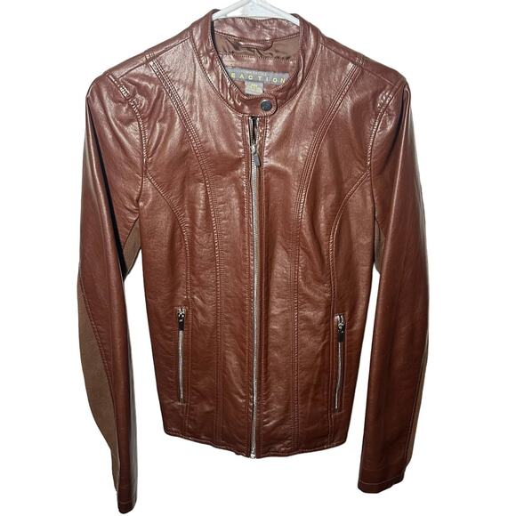 Kenneth Cole Reaction Brown Faux Leather Moto Jacket Size Small - Picture 1 of 10